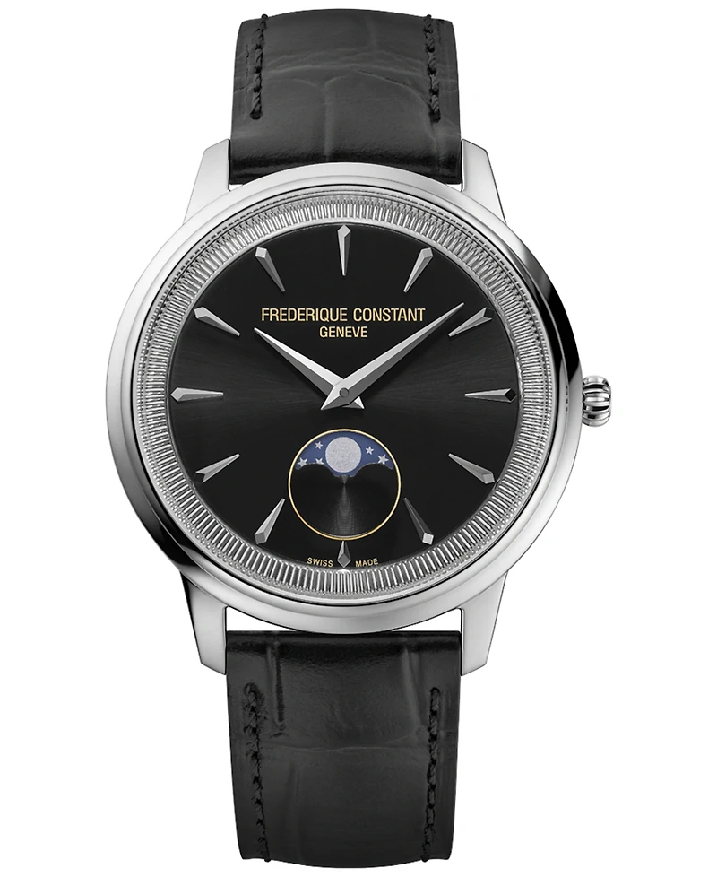Frederique Constant Men's Swiss Moneta Moonphase Leather Strap Watch 37mm