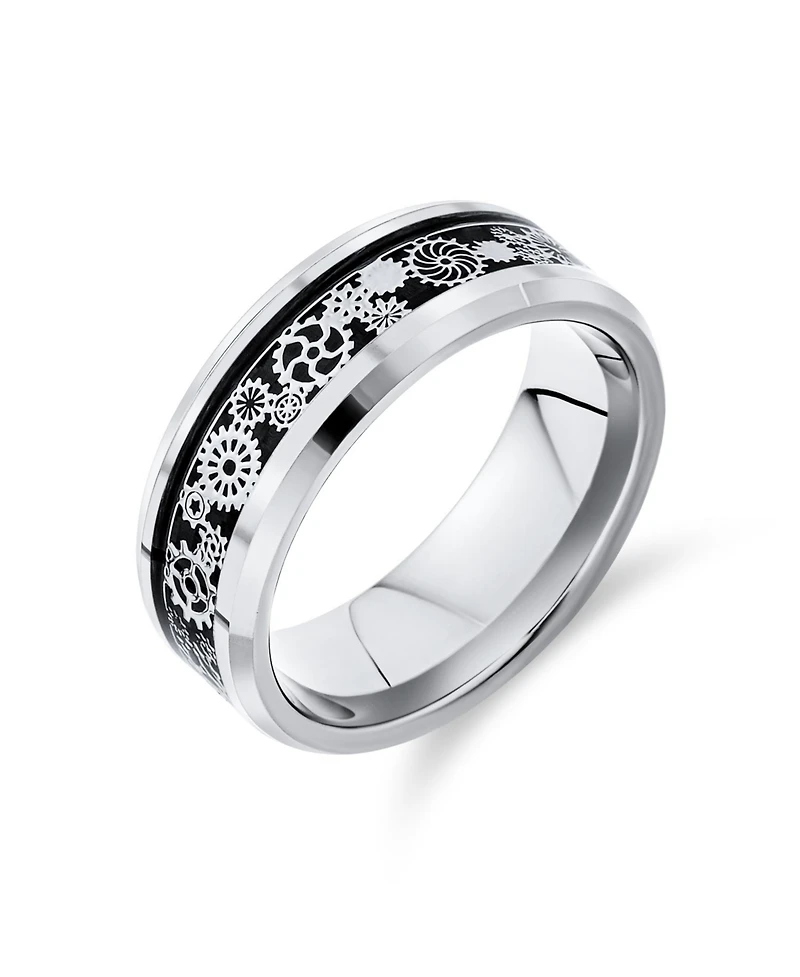 Bling Jewelry Steampunk Gear Wheel Silver Black Plated Titanium Ring Band Carbon Fiber Inlay Beveled Edges Comfort Fit