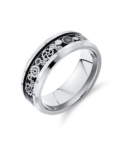 Bling Jewelry Steampunk Gear Wheel Silver Black Plated Titanium Ring Band Carbon Fiber Inlay Beveled Edges Comfort Fit
