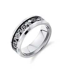 Bling Jewelry Steampunk Gear Wheel Silver Black Plated Titanium Ring Band Carbon Fiber Inlay Beveled Edges Comfort Fit