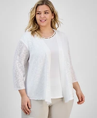 Kasper Plus Collarless Open-Front Cardigan Sweater