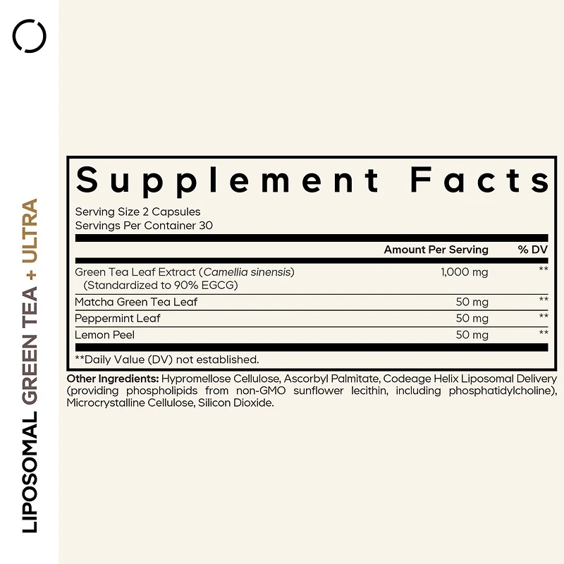 Codeage Liposomal Green Tea+ Ultra Potency - Egcg 90% Green Tea Extract, Matcha Green Tea Powder, Peppermint, Lemon Peel - Non-gmo, Gluten-Free
