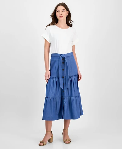 T Tahari Women's Mixed-Media Tiered Fit & Flare Dress