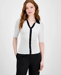 T Tahari Women's Split-Neck Contrast-Trim Sweater
