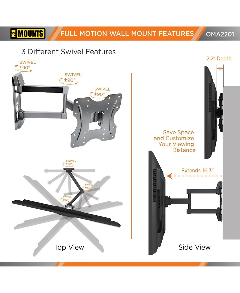 ProMounts Articulating/Full Motion Tv Wall Mount for TVs 26"-45" Up to 77 lbs