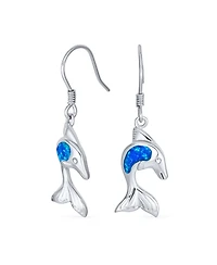 Bling Jewelry Created Blue Opal Inlay Nautical Ocean Marine Hawaiian Sea Life Dolphins Dangle Earrings .925 Sterling Silver Wire Fish Hook