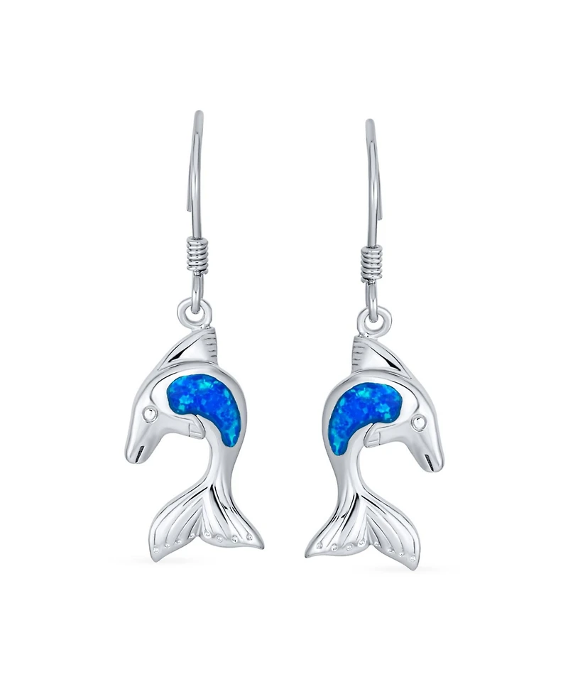 Bling Jewelry Created Blue Opal Inlay Nautical Ocean Marine Hawaiian Sea Life Dolphins Dangle Earrings .925 Sterling Silver Wire Fish Hook