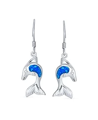 Bling Jewelry Created Blue Opal Inlay Nautical Ocean Marine Hawaiian Sea Life Dolphins Dangle Earrings .925 Sterling Silver Wire Fish Hook