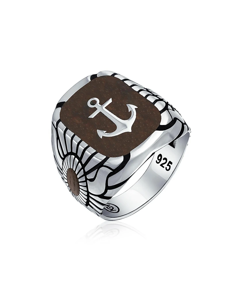 Bling Jewelry Nautical Etched Brown Wood Inset Large Boat Anchor Signet Ring Solid .925 Sterling Silver