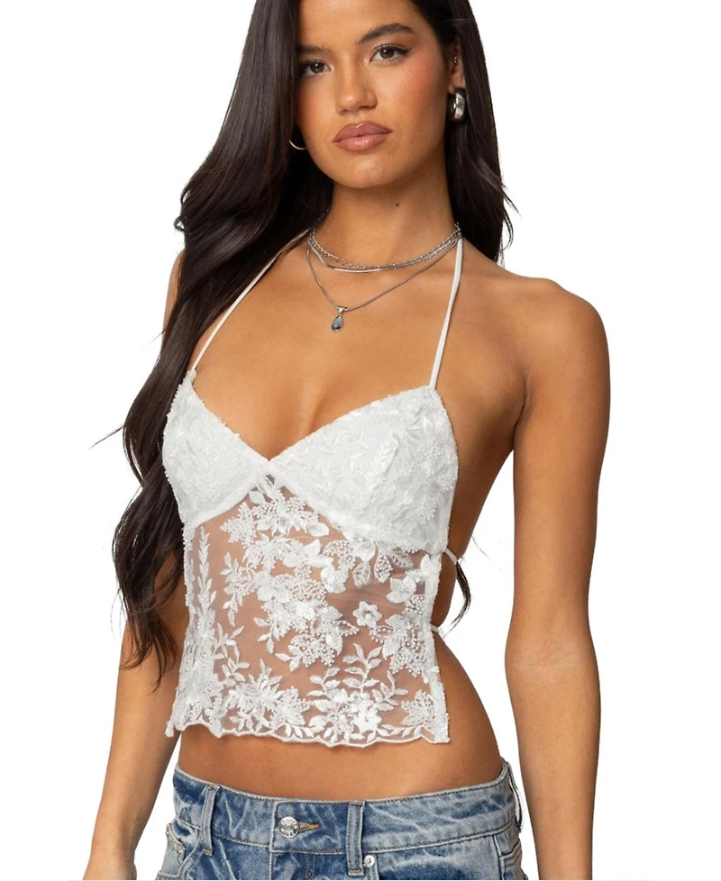Edikted Women's Nyx Backless Sheer Lace Top