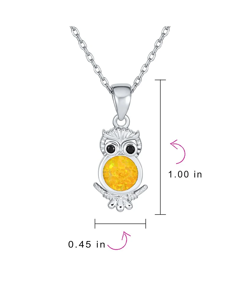 Bling Jewelry Opalescent Pet Animal Golden Yellow Created Opal Wide Eye Lucky Wise Bird Owl Necklace Pendant .925 Sterling Silver
