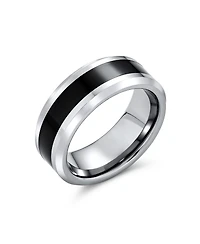 Bling Jewelry Simple Two Tone Black Center Couples Titanium Band Ring Silver Tone Beveled Edge 8MM