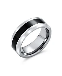 Bling Jewelry Simple Two Tone Black Center Couples Titanium Band Ring Silver Tone Beveled Edge 8mm