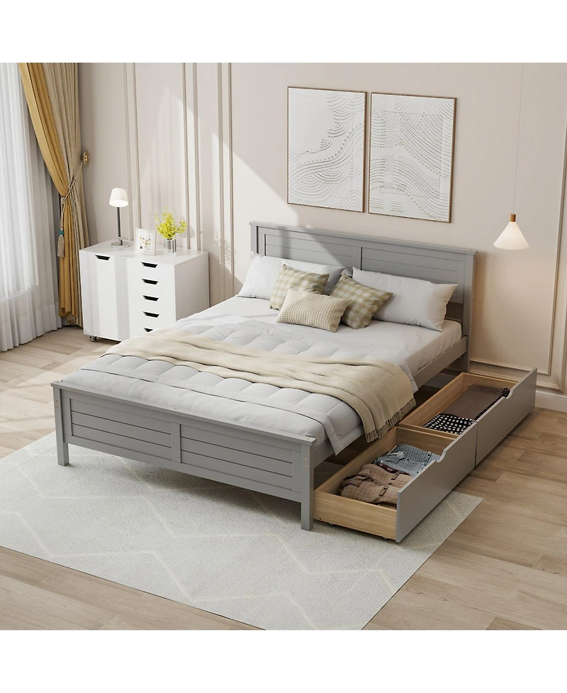 Full Size Bed Frame with Storage Drawers and Solid Wood Headboard