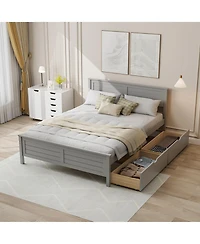 Full Size Bed Frame with Storage Drawers and Solid Wood Headboard