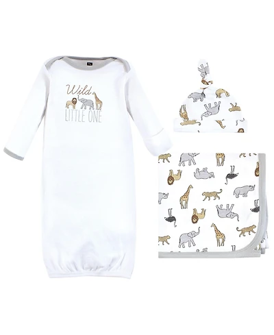 Hudson Baby Boys Gown, Swaddle Blanket and Cap or Headband, Modern Neutral Safari, 0-6 Months
