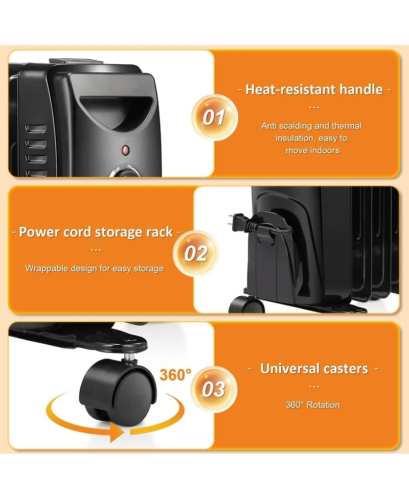 Zafro 1500W Oil-Filled Radiator Heater, Portable Electric Space Heater with Adjustable Thermostat, 3 Heat Levels, Tip-Over & Overheat Protection, Quie