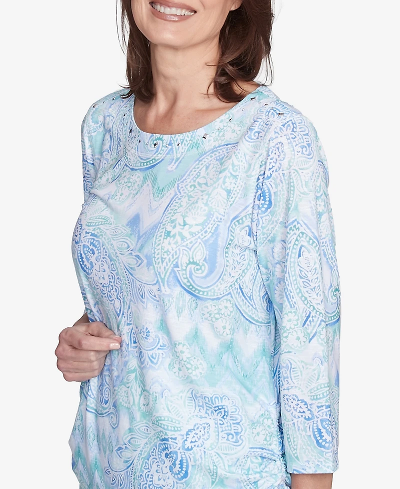 Alfred Dunner Women's St. Thomas Island Mint Paisley Ruched Side Crew Neck Top