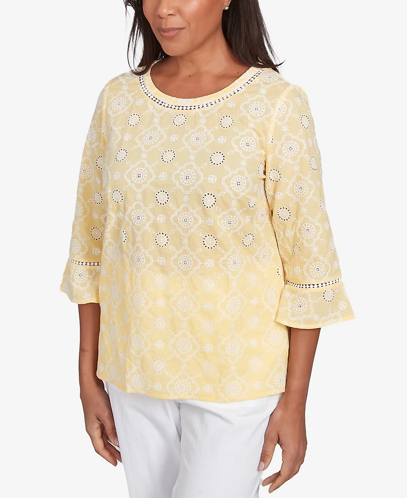 Alfred Dunner Women's Rise Shine Embroidered Floral Eyelet Bell Sleeve Crew Neck Top