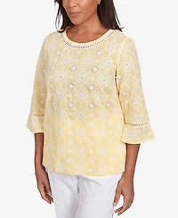 Alfred Dunner Women's Rise Shine Embroidered Floral Eyelet Bell Sleeve Crew Neck Top