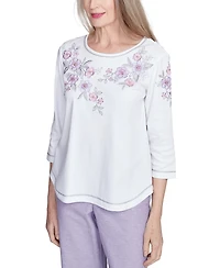 Alfred Dunner Women's Crystal Springs Embroidered Flower Crew Neck Top