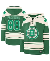 '47 Brand Men's David Pastrnak Kelly Green Boston Bruins St. Patrick's Day Player Name Number Lacer Pullover Hoodie