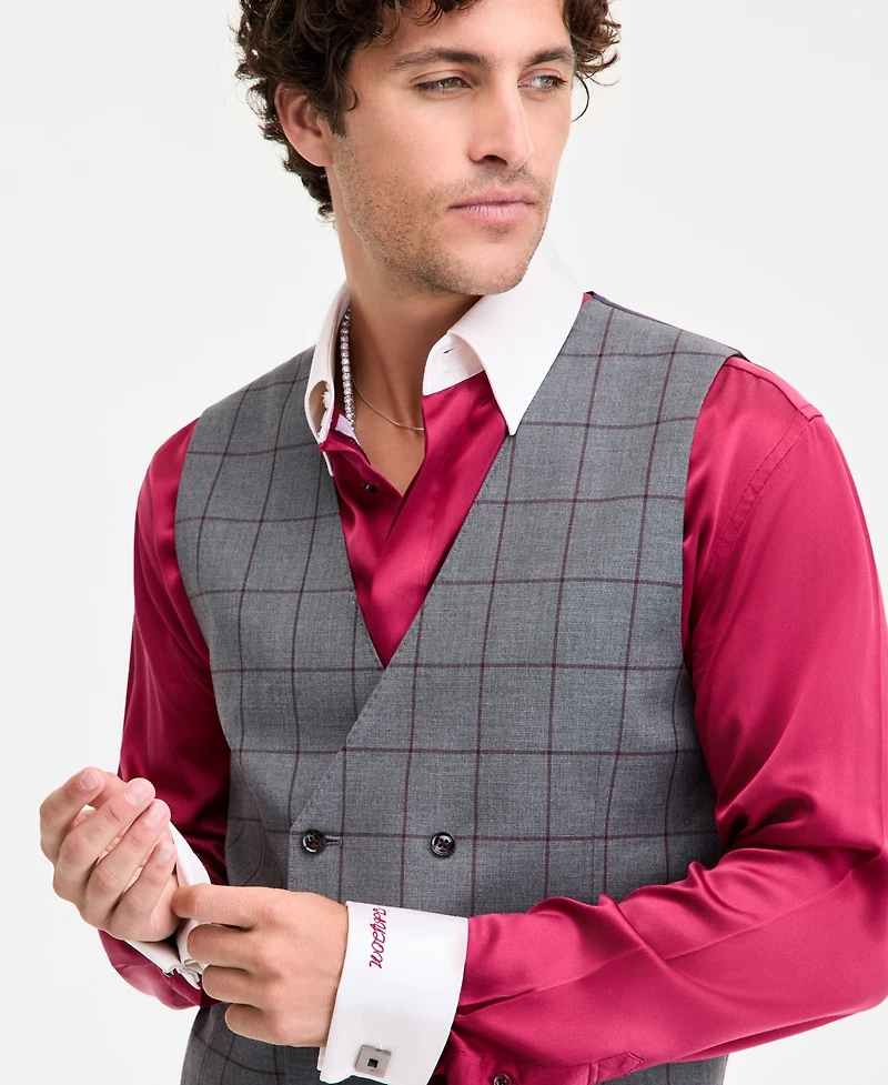 Tayion Collection Men's Classic-Fit Windowpane Double-Breasted Suit Separate Vest