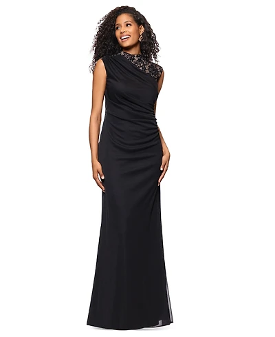 Betsy & Adam Petite Lace Trim Ruched Sleeveless Gown