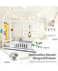 Twin Size Kids House Bed Wooden Floor Bed with Roof and Full-length Safety Guardrail