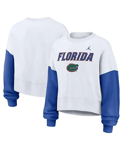Jordan Women's White Florida Gators Color-Block Oversized Cropped Pullover Sweatshirt