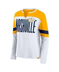 Fanatics Women's White/Gold Nashville Predators Frozen Long Sleeve Notch Neck T-Shirt
