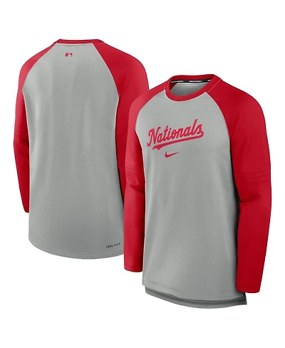 Nike Men's Heather Gray/Red Washington Nationals Authentic Collection Game Time Raglan Performance Long Sleeve T-Shirt