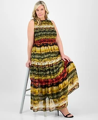 Anne Klein Plus Printed Smocked-Bodice Tiered Dress