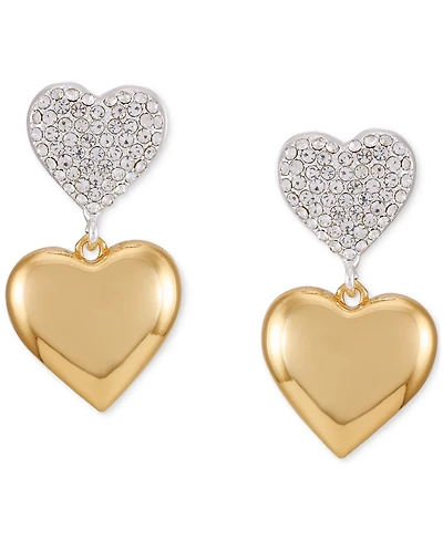 Guess Two-Tone Pave Crystal Heart Drop Earrings