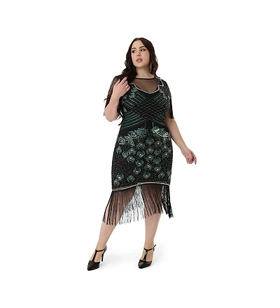 Unique Vintage Plus Size Beaded Nadine Fringe Flapper Dress