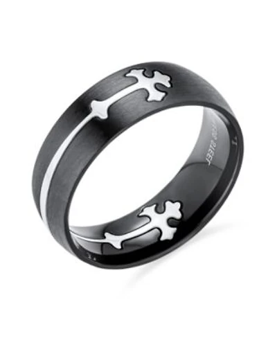 Bling Jewelry Religious Maltase Fleur De Lis Cross Black Puzzle Band Ring Silver Tone Stainless Steel