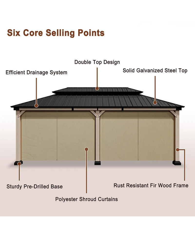 Mondawe 20 ft. x 12 ft Outdoor Fir Solid Wood Frame Patio Gazebo Canopy Tent Shelter with Galvanized Steel Hardtop Pavilion