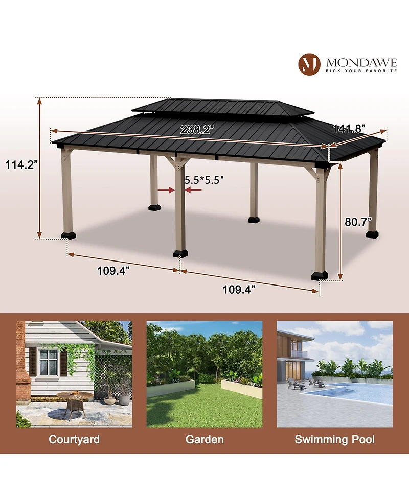 Mondawe 20 ft. x 12 ft. Outdoor Fir Solid Wood Frame Patio Gazebo Canopy Tent Shelter with Galvanized Steel Hardtop Pavilion