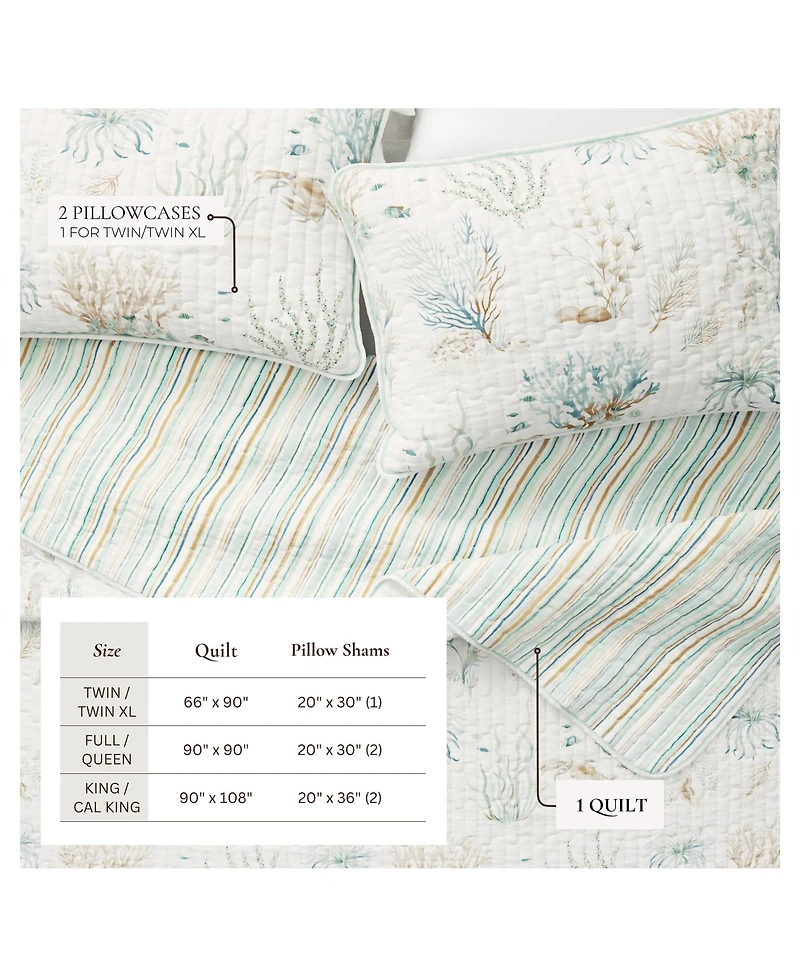 Linery & Co. Cotton Stitched Reversible Coastal 3 Piece Quilt and Sham Set