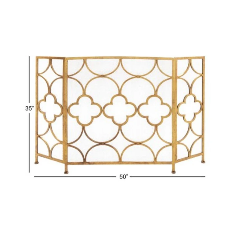 Metal Fireplace Screen – 3-Panel Design with Decorative Quatrefoil Pattern