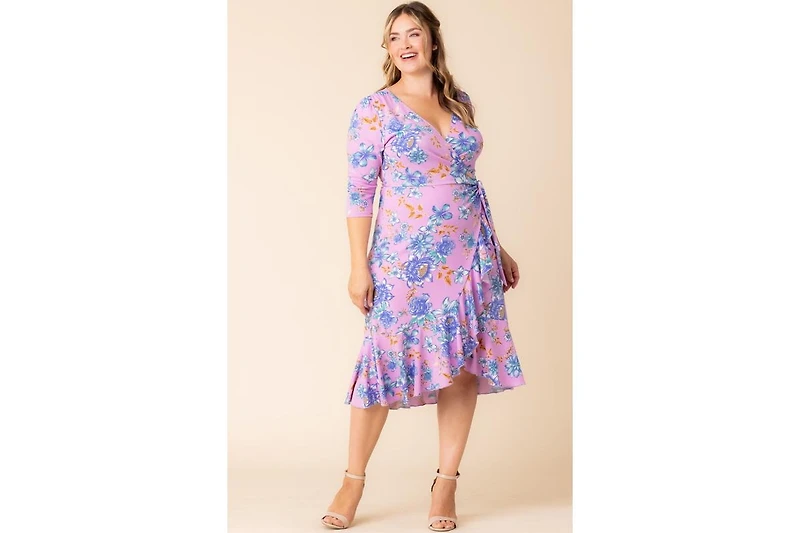 Kiyonna Plus Flirty Flounce Midi Wrap Dress with 3/4 Sleeves