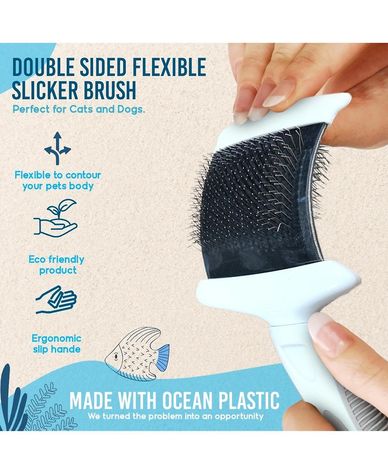 Ocean Plastic by Pt Blue Double-Sided Flexible Slicker Brush for Pets, Eco-Friendly Grooming Tool Dogs and Cats