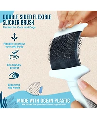 Ocean Plastic by Pt Blue Double-Sided Flexible Slicker Brush for Pets, Eco-Friendly Grooming Tool Dogs and Cats