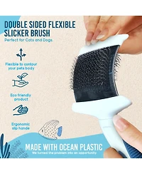 Ocean Plastic by Pt Blue Double-Sided Flexible Slicker Brush for Pets, Eco-Friendly Grooming Tool Dogs and Cats