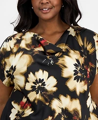 Anne Klein Plus Floral-Print Cap-Sleeve Top