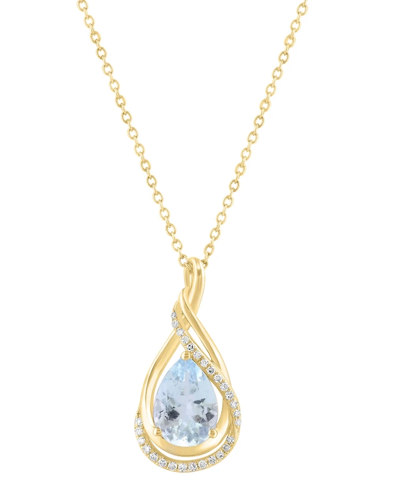 Effy Collection Diamond (1/10 ct. t.w.) & Aquamarine (1-1/2 ct. t.w.) Pendant in 14k Yellow Gold, 17" + 1" extender