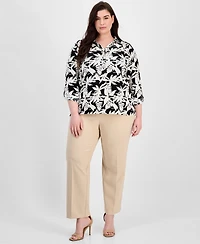 Ak Anne Klein Plus Button Roll-Tab Printed Blouse