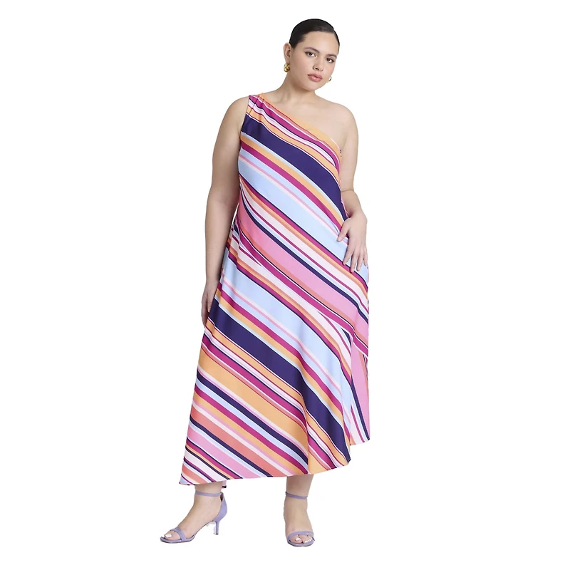 Eloquii Women's Plus One Shoulder Multi Color Dress