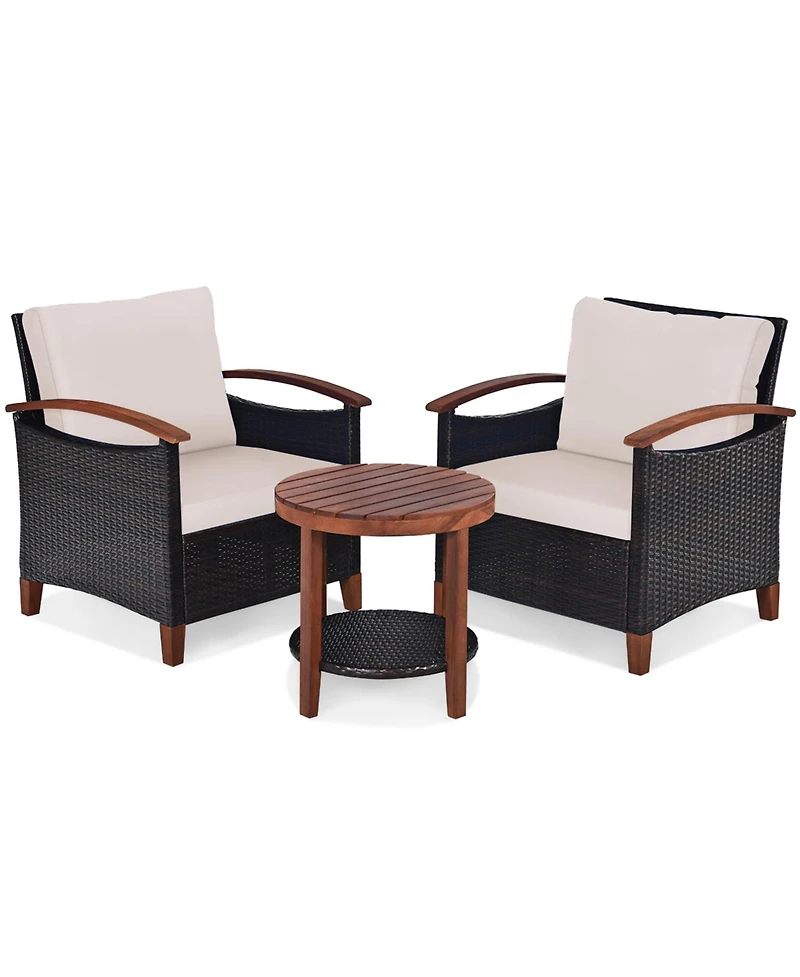 Gymax 3PCS Outdoor Patio Rattan Conversation Set Outdoor Furniture Set w/ Cushion