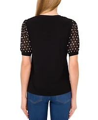 CeCe Women's Puff-Sleeve Mixed-Media Crewneck Top